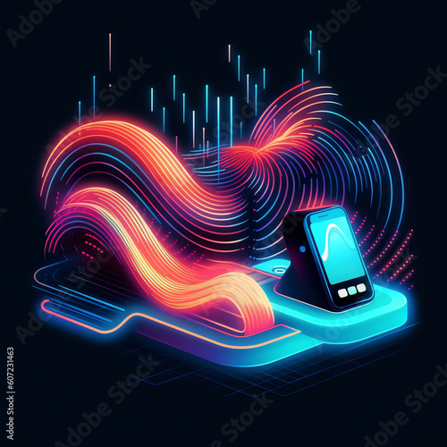 "Seamless Transaction": Waves connecting a payment terminal and a smartphone, representing the effortless and instant nature of contactless transactions. Generative AI.
