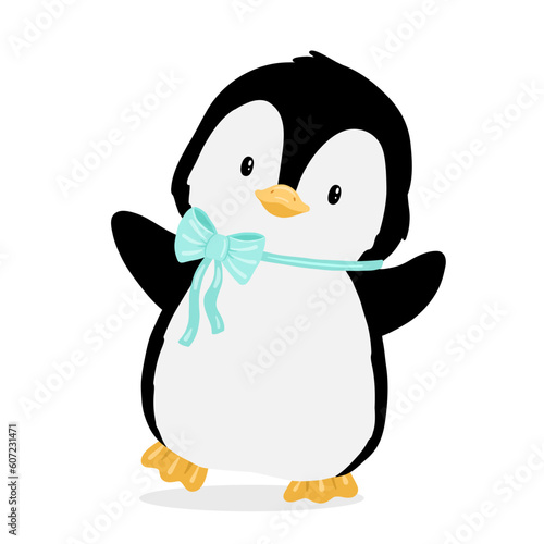 Cute little baby penguin with bow. Vector flat cartoon illustration isolated on white. Animal character