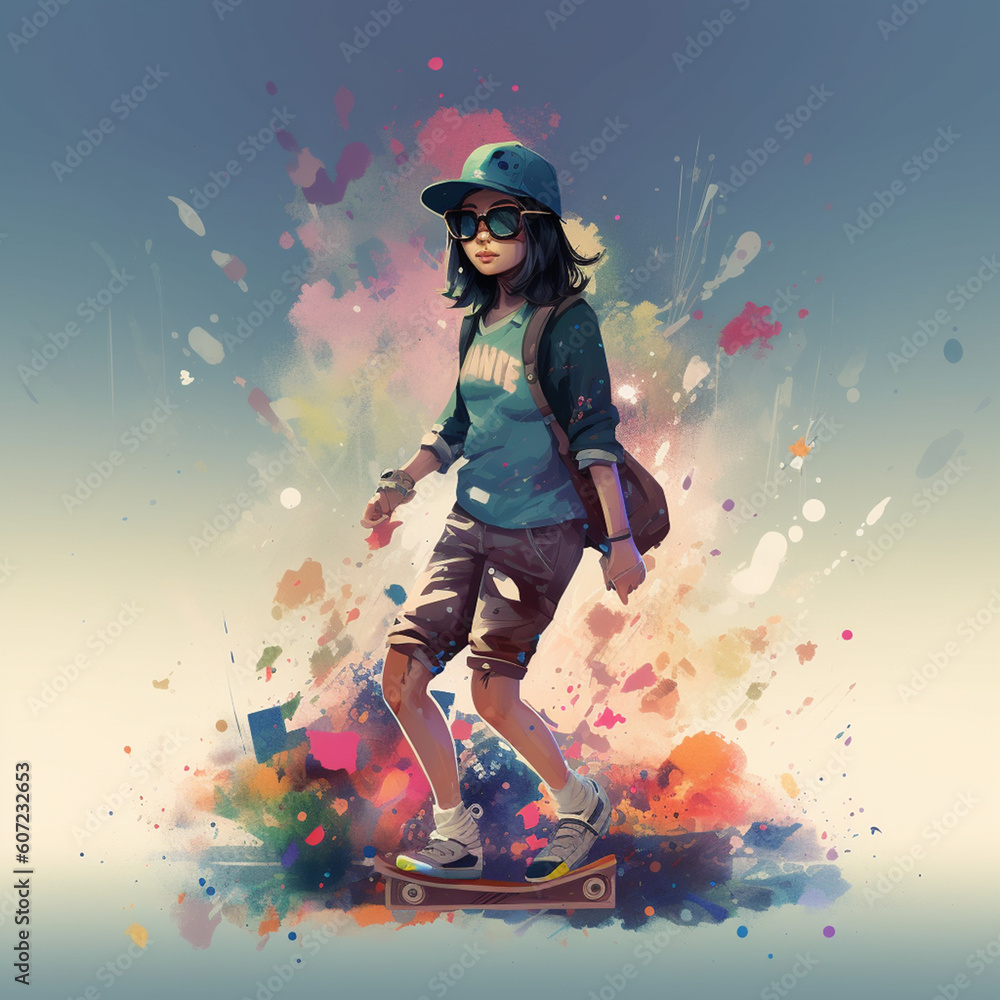 An illustration of a cute asian girl, riding on a skateboard and wears a hat and sunglasses. Colorful splashes in the background.
