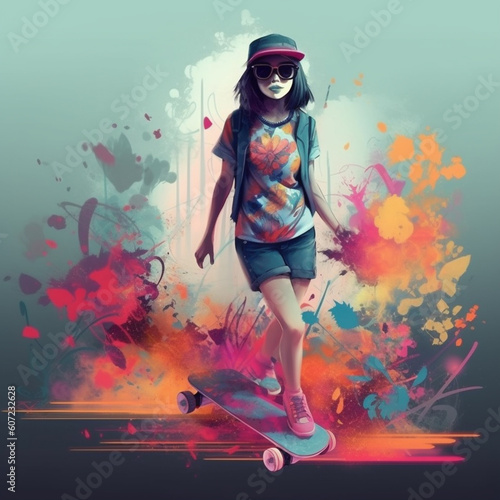 An illustration of a cute asian girl, riding on a skateboard and wears a hat and sunglasses. Colorful splashes in the background.  © Aisyaqilumar