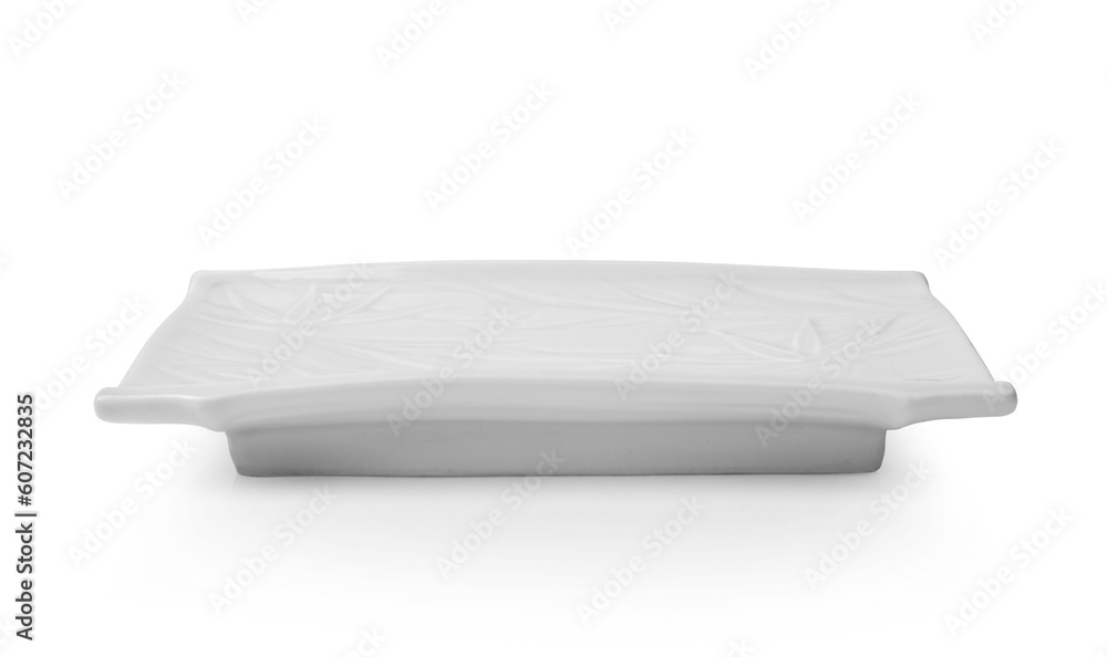 White Square ceramics plate with bamboo pattern on white background White Square ceramics plate with bamboo pattern on white background