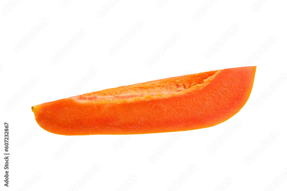 piece of ripe papaya fruit on white background.