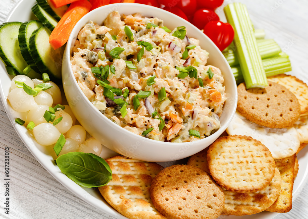 salmon salad with fresh veggies and crackers salmon salad with fresh veggies and crackers