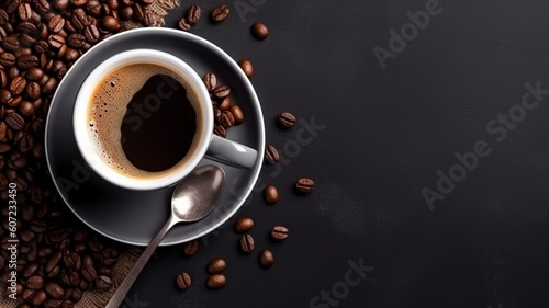 Delicious cup of coffee and beans with black background Generative AI