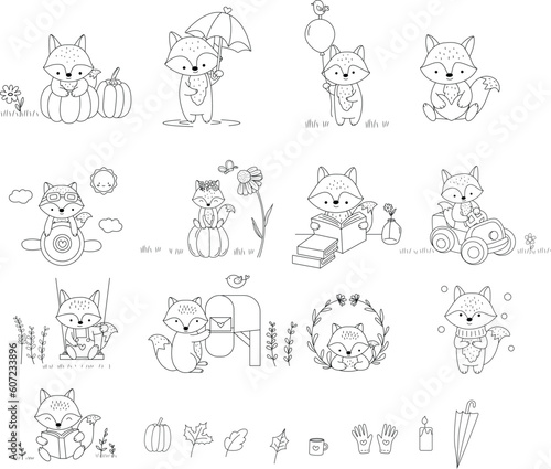Fox cartoon character Big set outline hand drawn style, for printing,card, t shirt,banner,product.vector illustration