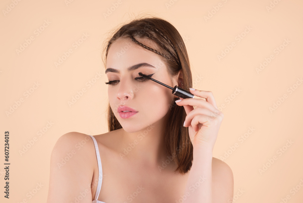 Perfect eyelashes. Natural beauty lashes. Eyelashes coloring and lamination. Woman combing lashes. Makeup and cosmetology concept. Eyelashes shape modeling. Perfect eyelashes. Natural beauty lashes. Eyelashes coloring and lamination. Woman combing lashes. Makeup and cosmetology concept. Eyelashes shape modeling.