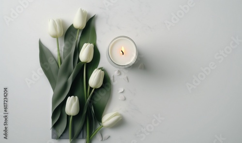 Beautiful bouquet of tulips and romantic candles with white gradient background Generative AI