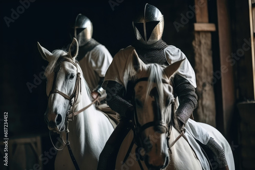Mounted Medieval knights in armor and in a helmet with a sword in hands, generative AI © Kien