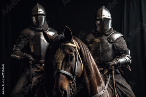 Mounted Medieval knights in armor and in a helmet with a sword in hands, generative AI