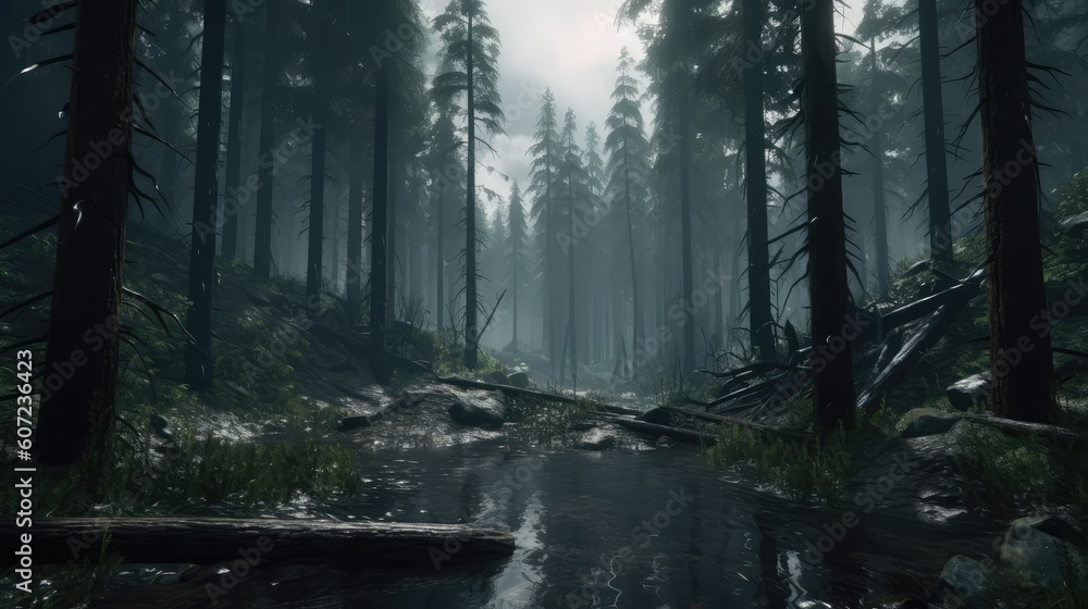 Fototapeta premium Dense Raining Forest Landscape With Puddle Wallpaper Generated AI