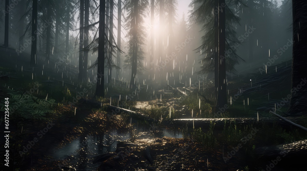 Obraz premium Dense Raining Forest Landscape With Puddle Wallpaper Generated AI