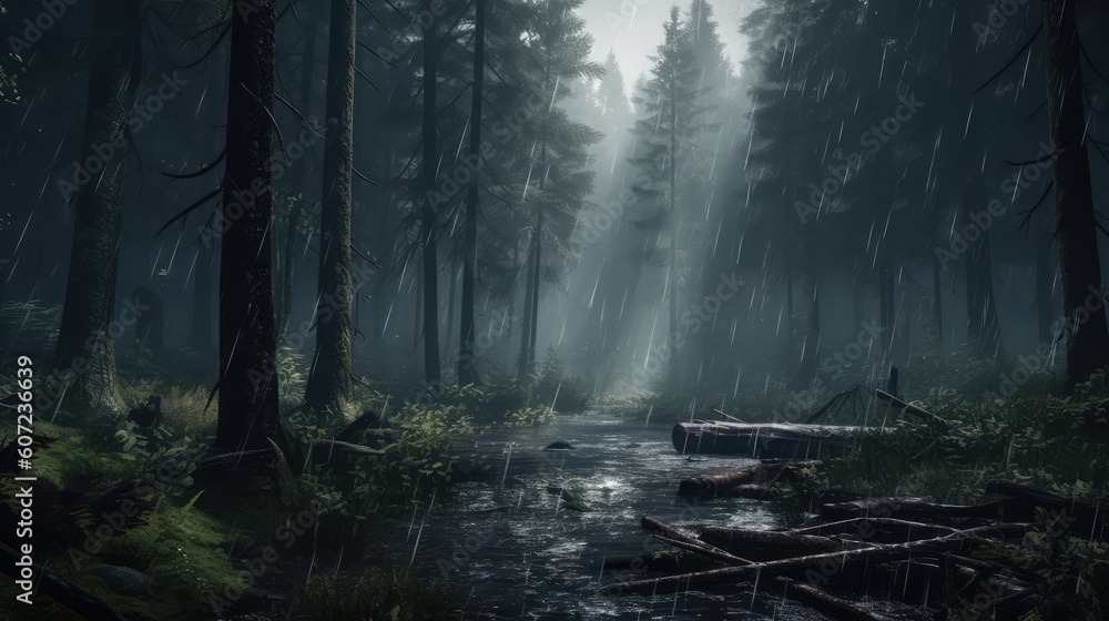 Obraz premium Dense Raining Forest Landscape With Puddle Wallpaper Generated AI