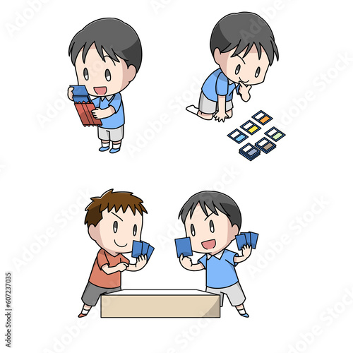 トレーディングカードゲームを遊ぶ男の子のイラスト3パターン