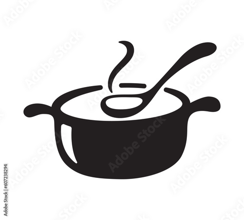 Black pot and ladle draw, cooking soup, boiling stew pot, vector