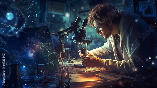 A scientist examines a sample with a microscope connected to a futuristic screen.