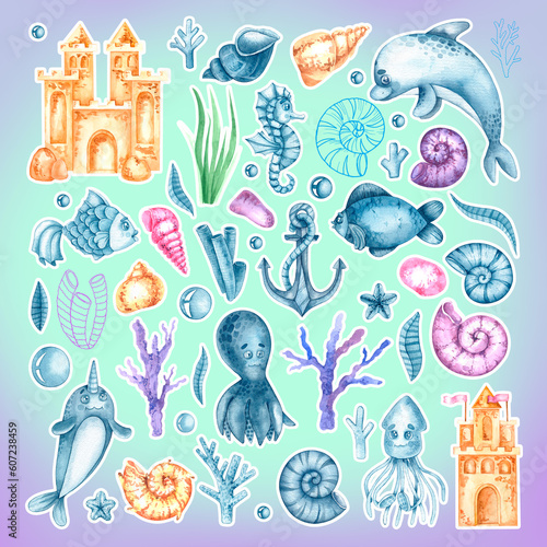 Watercolor underwater inhabitants on a bright background