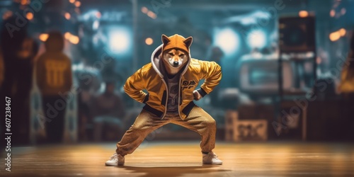 Shiba inu Japanese Dog Wearing Hip hop Suit Dancing Bboy on the Stage. Generative Ai photo