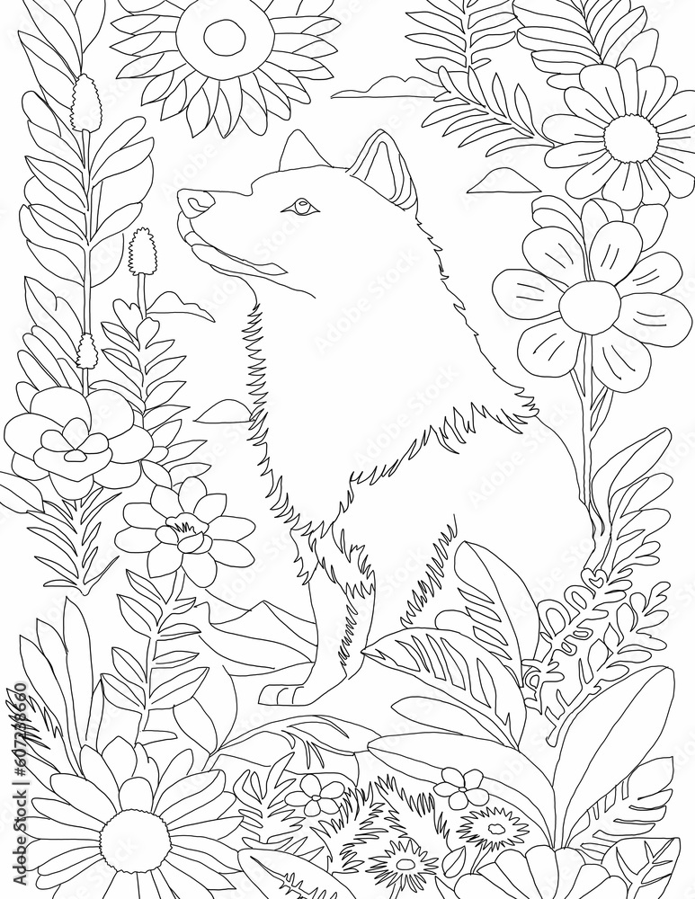Fototapeta premium Wolf line art with floral background 