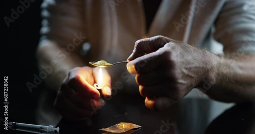 Drugs, addiction and man with lighter and spoon in studio isolated on black background. Drug addict, teaspoon and person with fire junkie cooking heroin chemical, crack problem and cocaine for crime