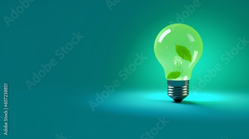 Green light bulb with leaves and background copy space. Innovation and sustainability, promoting eco-friendly practices and green energy solutions. Generative AI