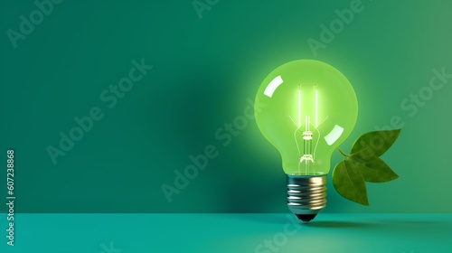 Green light bulb with leaves and background copy space. Innovation and sustainability, promoting eco-friendly practices and green energy solutions. Generative AI