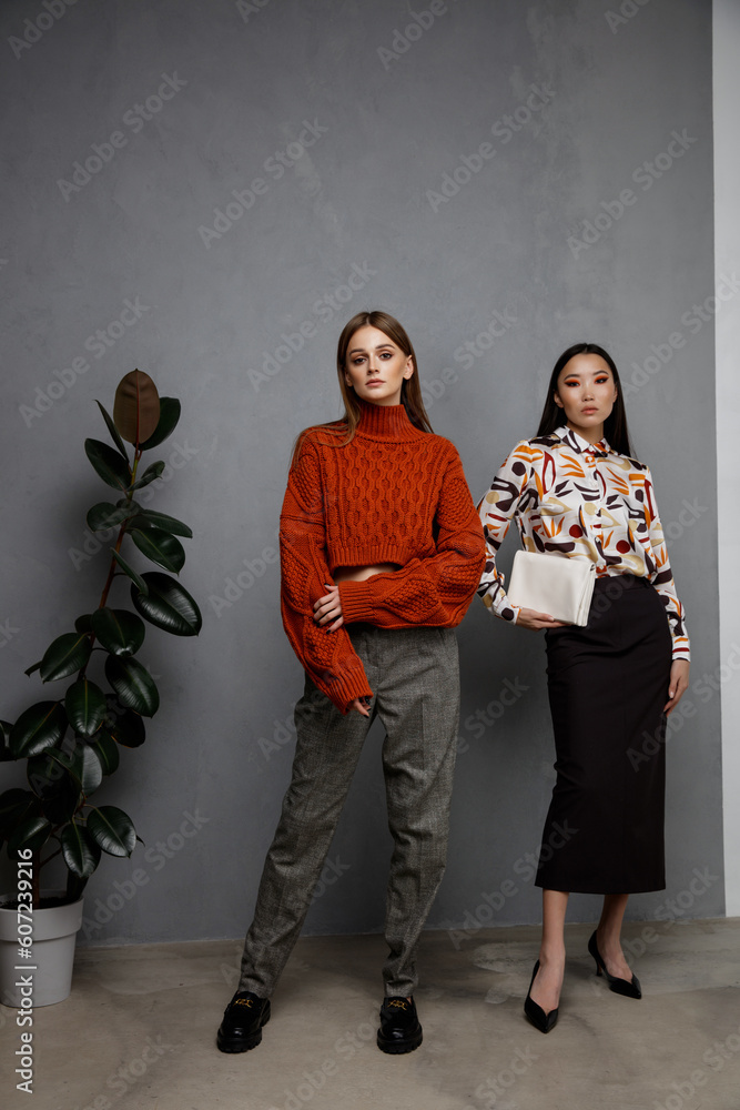 Two fashion models in orange beige outfits. Sweater, shirt, black skirt, gray pants, trousers, clutch, handbag. Beautiful young women. Asian and european girls posing on textured wall, tall flower