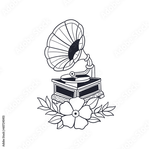 Hand drawn illustration of traditional gramophone tattoo outline
