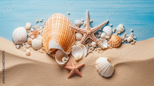 Seashell starfish and beach sand on blue background. Generative AI
