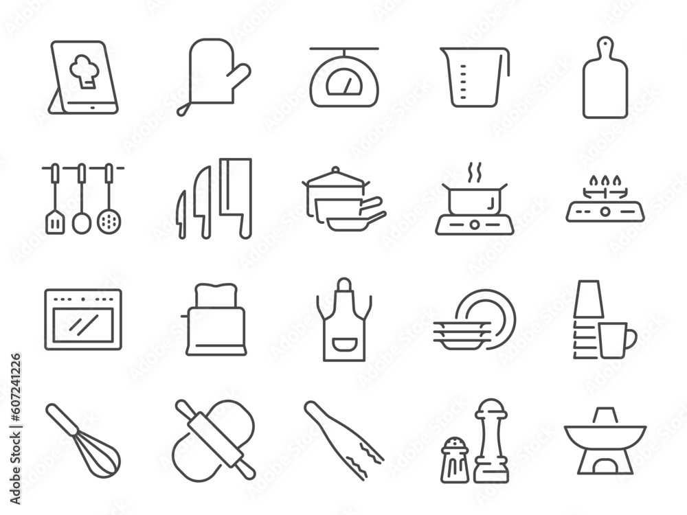 Kitchenware icon set. It included utensils, kitchen, pot, pan, microwave and more icons. Editable Stroke.
Kitchenware icon set. It included utensils, kitchen, pot, pan, microwave and more icons. Editable Stroke.