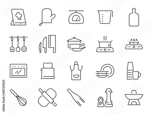 Kitchenware icon set. It included utensils, kitchen, pot, pan, microwave and more icons. Editable Stroke.
