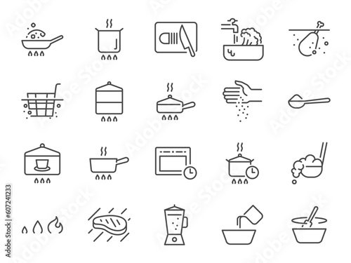 Cooking icon set. It included bake, heat, boil, frying, steam and more icons. Editable Stroke.
