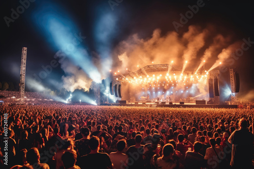 A large concert crowd with their hands raised in front of stage. People standing at a festival with lights on. © Mirador