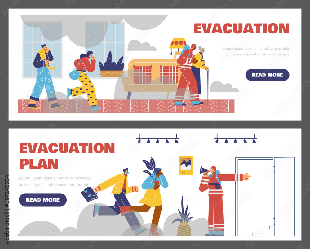 Evacuation plan banners with rescue forces evacuating people, flat vector.