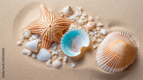 Seashell starfish and beach sand on blue background. Generative AI © Dyeru