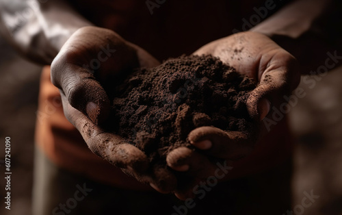 Farmer holding soil in hands close-up. Male hands touching soil on the field. Agriculture, gardening or ecology concept. Generative AI