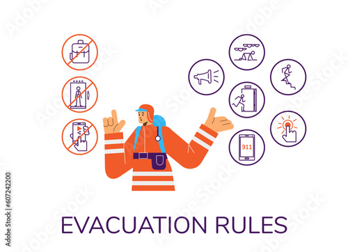 Infographic with fireman about evacuation rules flat style