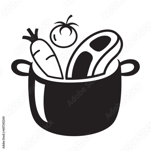 Illustration cook in pot, black soup pot, beef stew menu restaurant