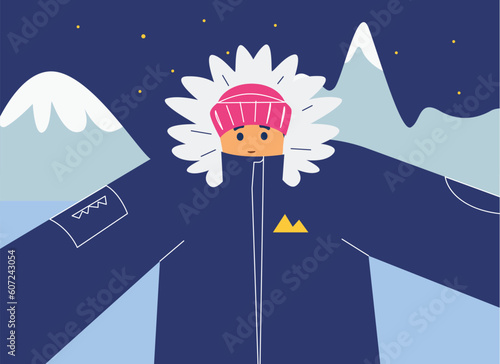 Human at the North Pole, Eskimo taking a selfie, warm winter clothes in Alaska for arctic snow and cold, Vector illustration