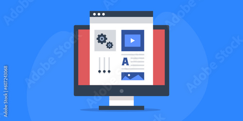 Creating digital media content with ai software tool on computer screen. Vector illustration web banner.