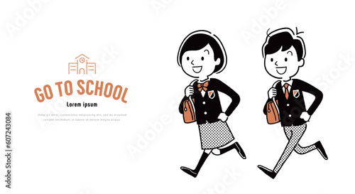 ベクターイラスト素材：制服を着て走る男子学生と女子学生

