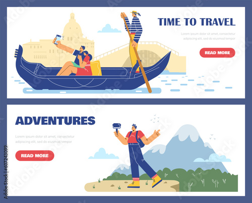 Set of vector banners couple sailing on gondola, taking selfie against of the architecture of Venice, Man makes video cal on mountains