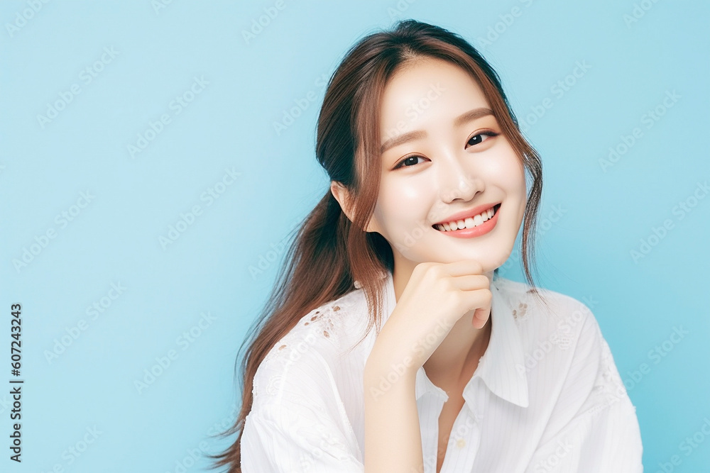 笑顔の女性のポートレート　青色背景　AI生成画像　ジェネレーティブ　AI