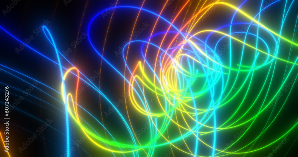 Abstract multi-colored rainbow neon energy laser lines flying on a black background Abstract multi-colored rainbow neon energy laser lines flying on a black background