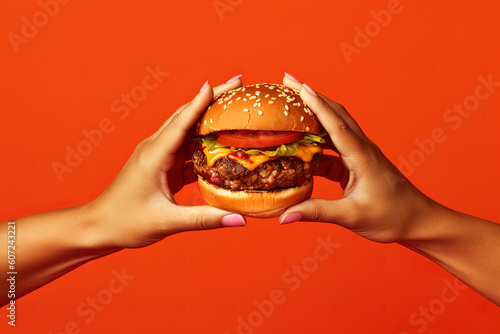 Hands holding a hamburger isolated on orange background. Created with Generative AI Technology