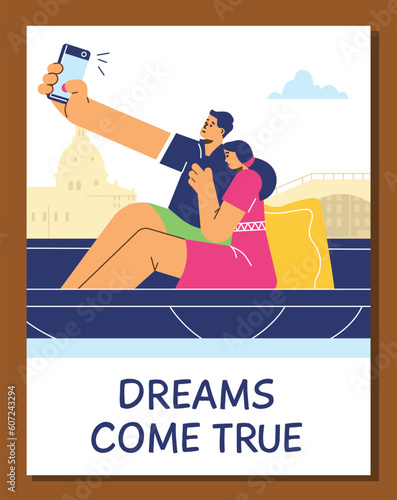 Vector illustration of young couple sailing on gondola, boat, taking selfie against of the architecture of Venice, Dreams come true