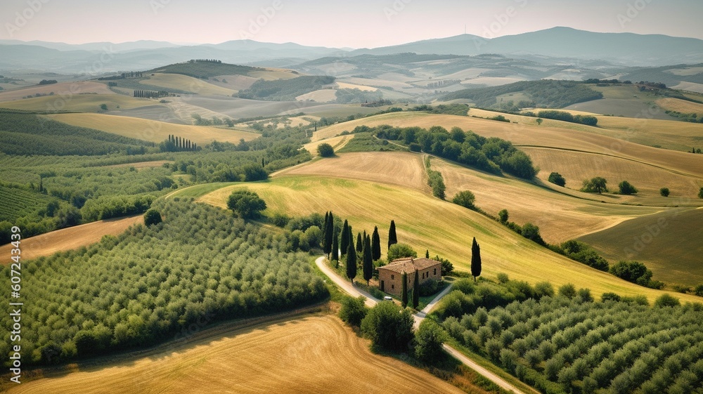 italy tuscany countryside rolling hills summer farmland Generative AI