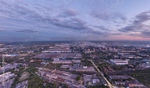 Lipetsk  Russia. Metallurgical plant. Left Bank District. Glow after sunset. Summer. Aerial view