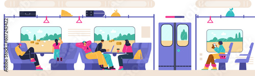 Vector illustration of flat passengers inside subway train car, people are sitting, resting, looking