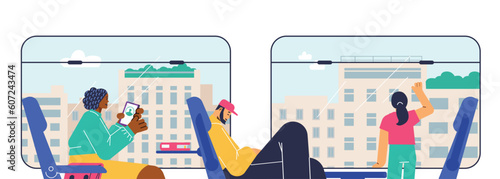 Vector illustration of people are sitting on chairs in subway train, black woman is using smartphone, girl looking out the window, man is resting