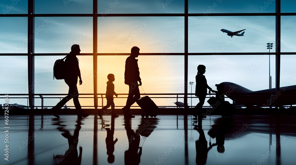 Family travel, showcasing silhouette figures of family members inside an airport terminal. The vibe of togetherness, excitement, and wanderlust. Generative AI